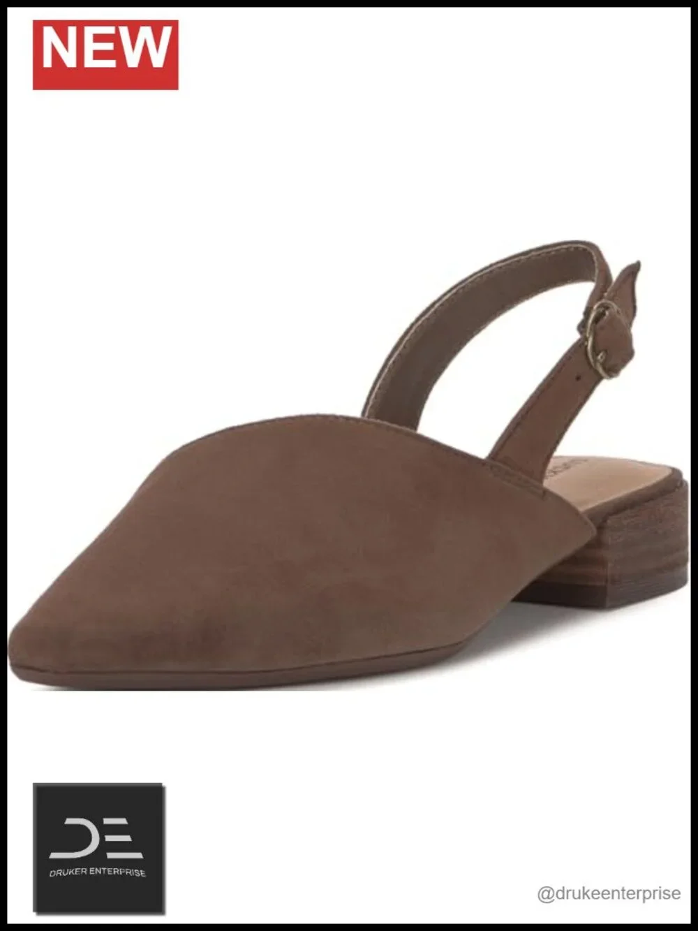 Suede Slingback Flats with Block Heel Adjustable Buckle